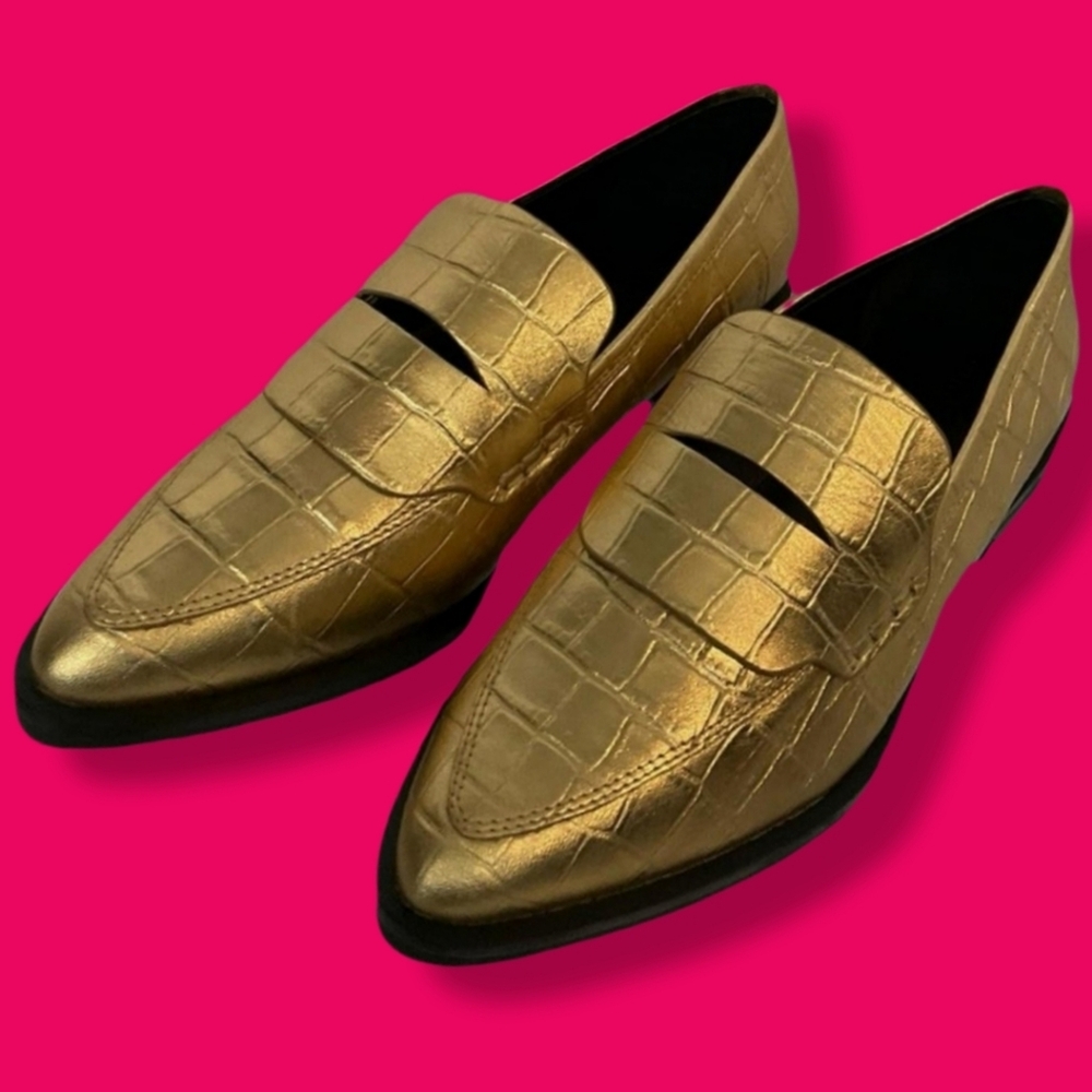 REBECCA MINKOFF Pacey Gold Penny Loafer Leather Croc Embossed Women's Size 8.5 - Picture 7 of 13